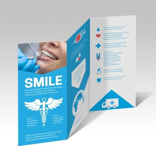 Tri‑fold brochure with “SMILE” headline and tooth icon on the cover, interior panels listing treatments alongside patient photos.