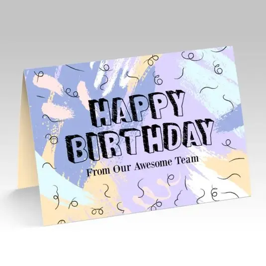 Folded pastel abstract birthday card with “Happy Birthday” text and subtle branded signature