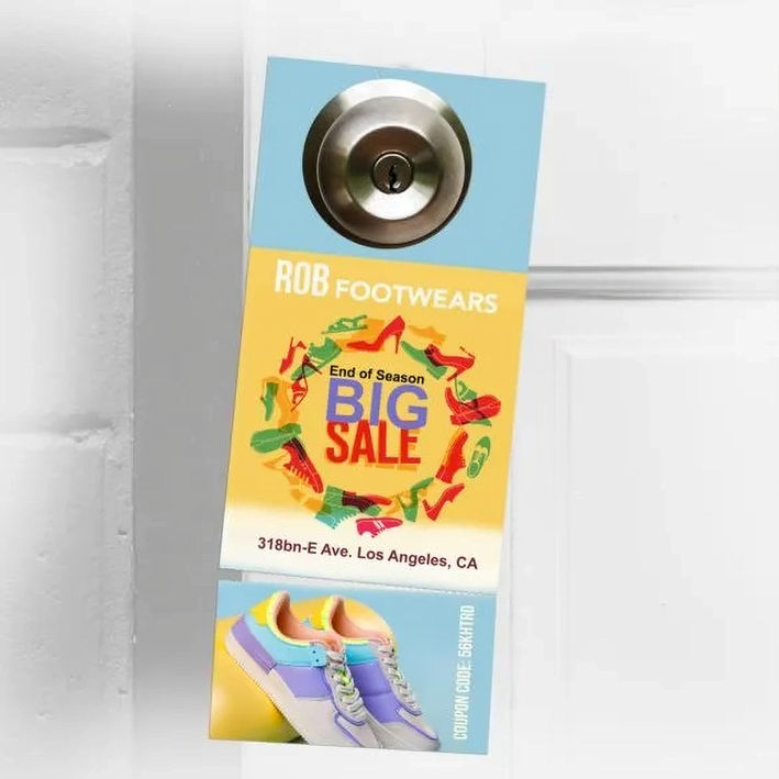 A promotional door hanger for 'BOB FOOTWEARS' hanging on a doorknob to advertise a 'BIG SALE'. The design is colorful and includes a tear-off coupon section at the bottom.