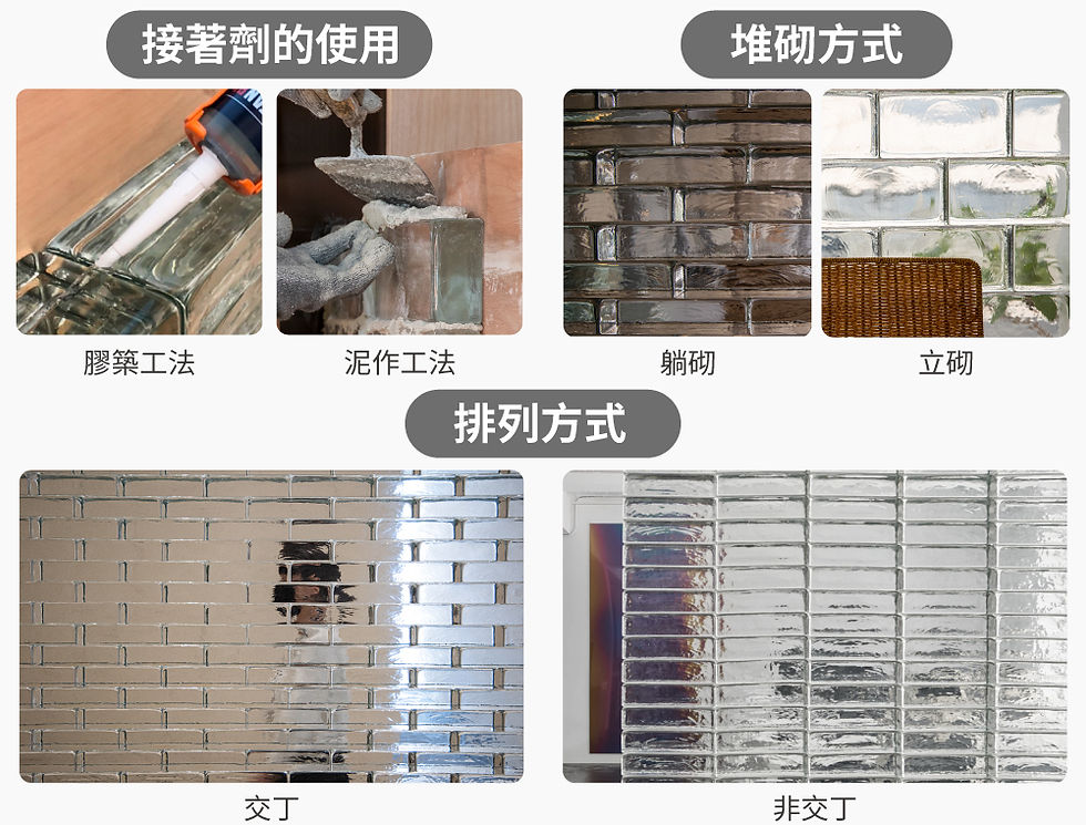 時心玻璃磚接著劑的使用、堆砌方式、排列方式比較