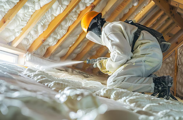 Technician installing blown-in insulation in a Central Florida attic.