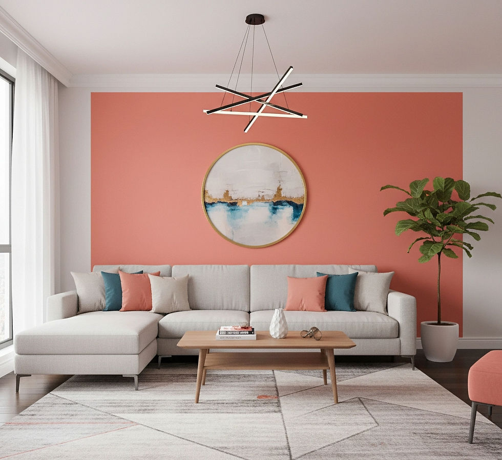 Modern living room with gray sectional sofa, colorful pillows, abstract art, and geometric chandelier. Coral accent wall, cozy ambiance.