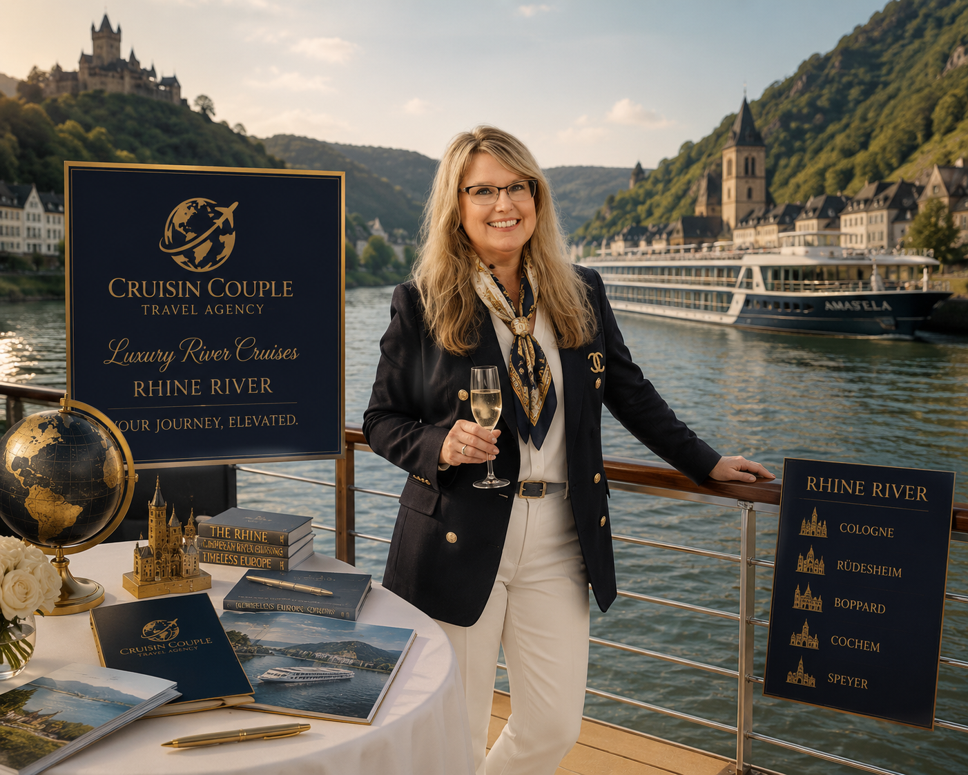 Comparison of river and ocean cruise ships with European city skyline.