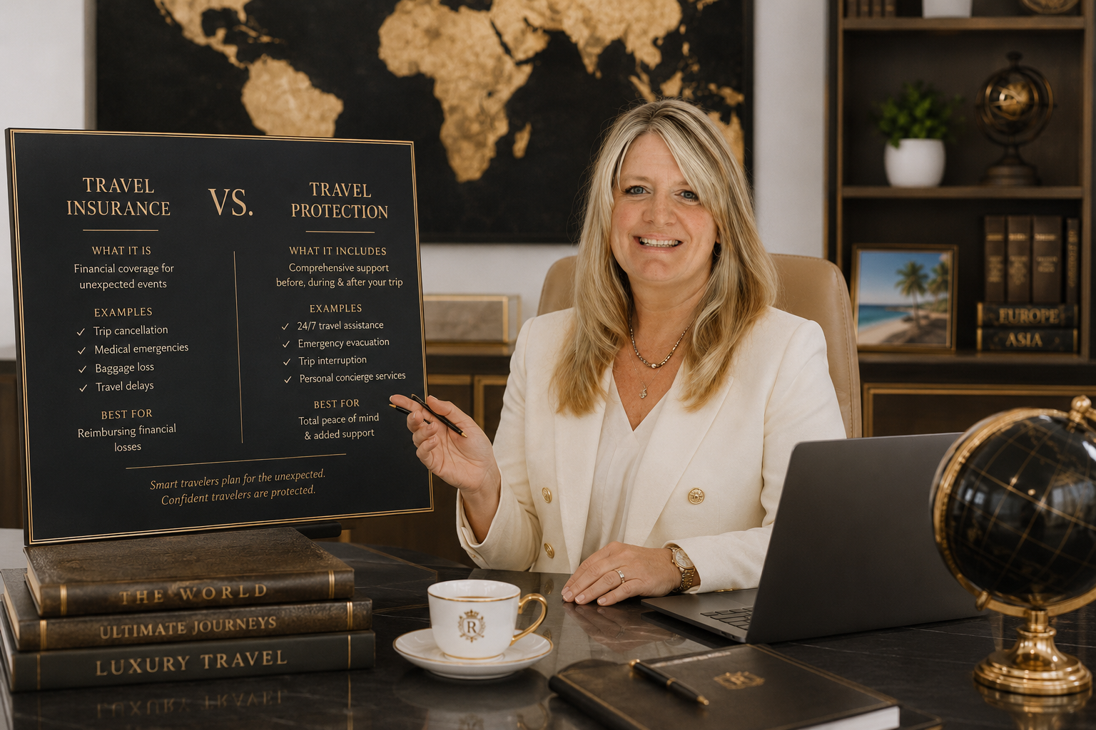 Travel documents and passport on a desk with a cruise brochure.