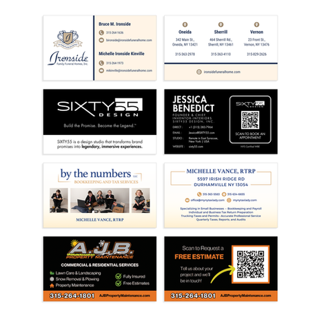 Business card designs for Ironside Family Funeral Homes, Inc., Sixty55, By The Numbers, LLC., and AJB Property Maintenance.