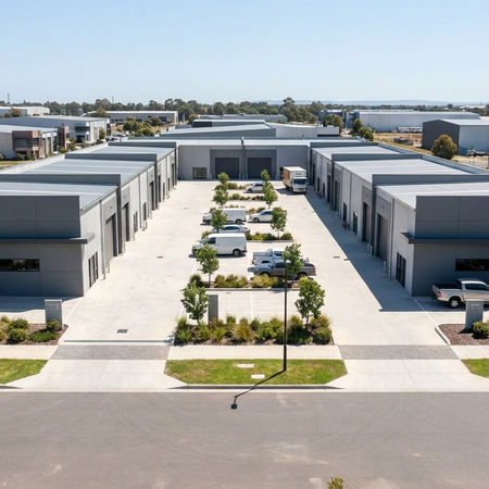 Modern light industrial complex featuring two parallel rows of identical warehouse units with a consistent rectilinear form, large roller doors, and pedestrian entries. The central driveway is framed by structured landscaping, including low plantings and small trees, creating a clear circulation spine between the buildings. The design emphasises functional access, modular repetition, and efficient site organisation within a broader industrial precinct.