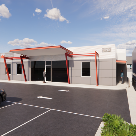 Modern industrial office and attached warehouse for Albury Galvanising, featuring articulated steel elements, metal cladding, and a functional site layout in Albury, Australia.