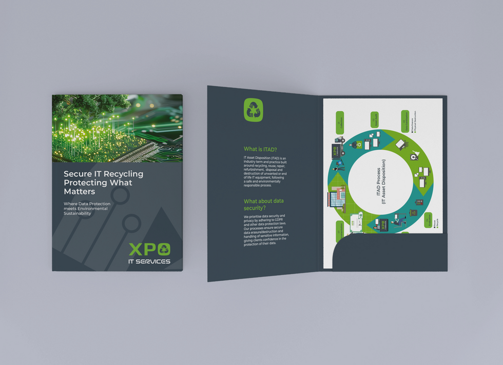 XPO IT folder design showing front and inside on a grey background