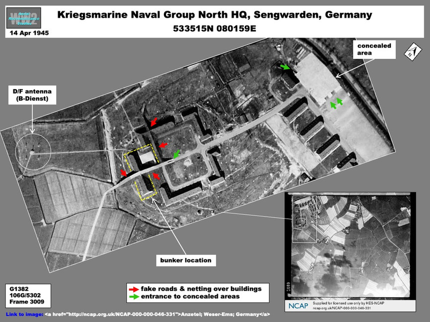 Aerial photo of bunker and attempted camouflage at Kriegsmarine Naval Group North HQ, Sengwarden, Germany
