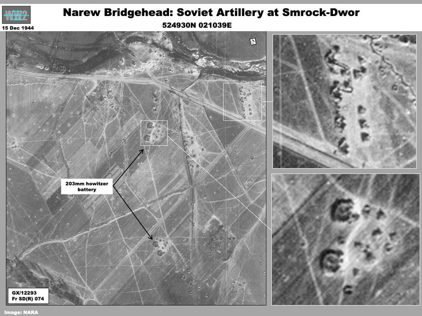 aerial photo of the Narew River Front: Soviet  Artillery in the vicinity of Stary Szelkow including 2nd Shock Army and the 15th Breakthrough Artillery Division (203mm howitzer B-4).  