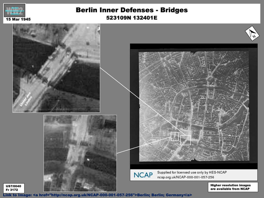 aerial photo of Berlin Defenses: Roadblocks at Spree River Bridges