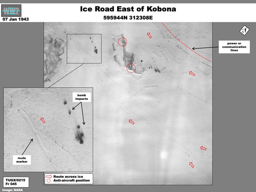 Aerial photo Defenses and Evidence of Luftwaffe Attack Along the 'Ice Road' on Lake Ladoga, 