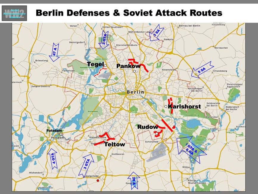 map of Berlin Defenses: Teltow, Rudnow, Karlshorst, Pankow & Tegel Areas