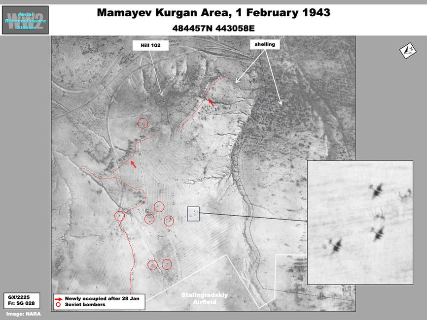 Aerial photo Soviet Bombers Flying over Mamayev Kurgan at Stalingrad, 1 February 1943 