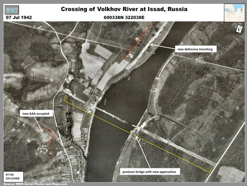 Aerial photo of Soviet pontoon bridge across the Volkhov River during Operation Iskra