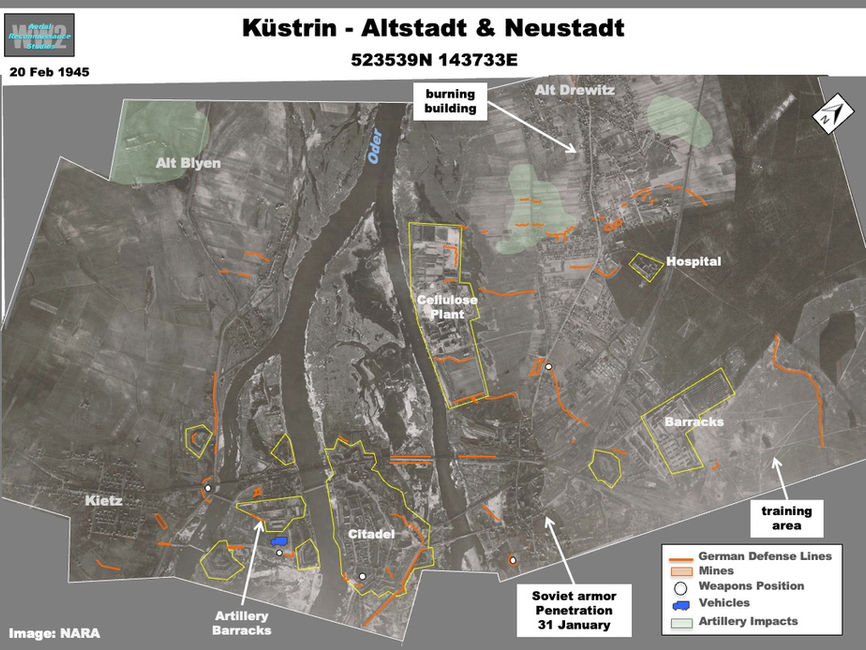 Aerial photo of the area around the Küstrin fortress showing defenses