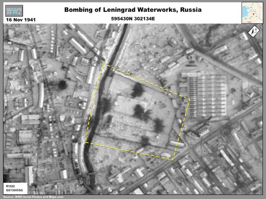 Aerial photo showing Luftwaffe Bombing of the Leningrad Waterworks, November 1941