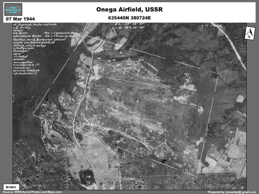 Aerial photo of Lend-lease aircraft at Onega airfield, USSR  in March 1944