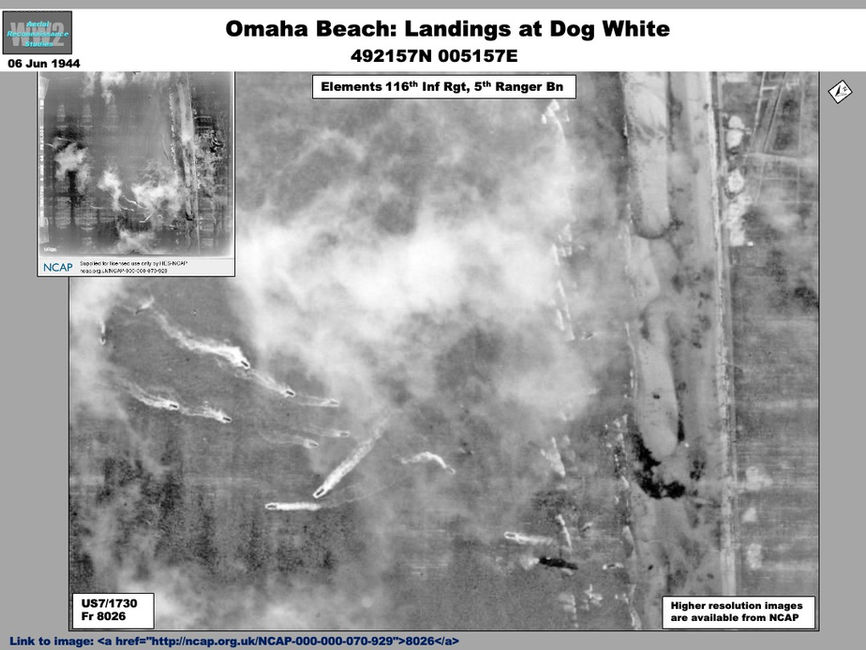 aerial photo of Omaha Beach:  Landings at Dog White Beach