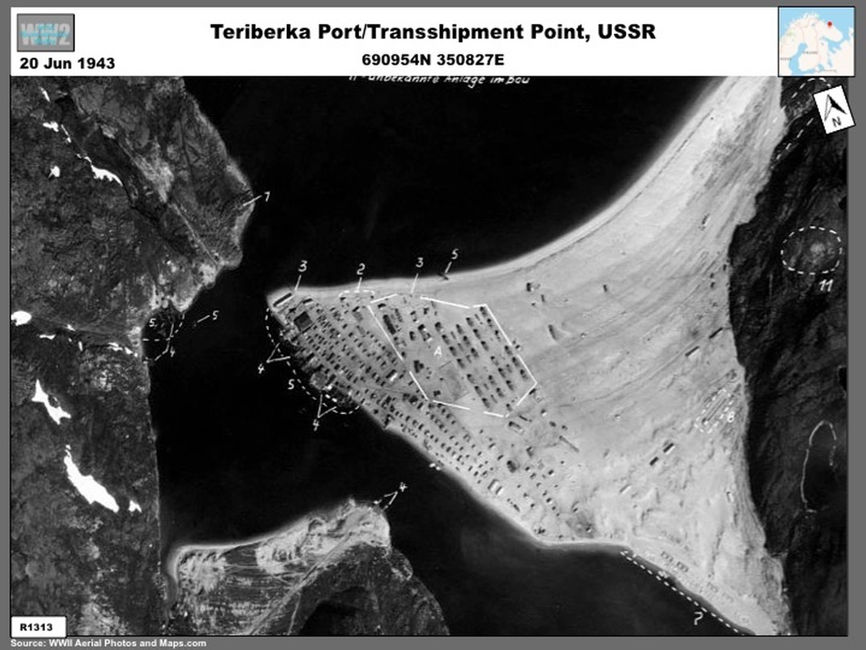 Aerial photo of Lend-Lease Transshipment area at Teriberka, USSR