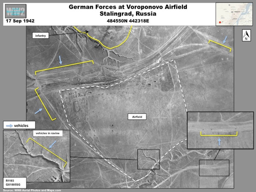 aerial photo of  German 6th Army elements at Voroponovo airfield staging for attack on Stalingrad in September 1942