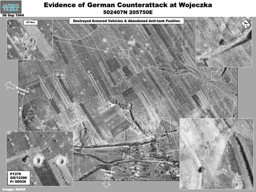 aerial photo of destroyed German armor at  Wojeczka in the  Baranow - Sandomierz Bridgehead