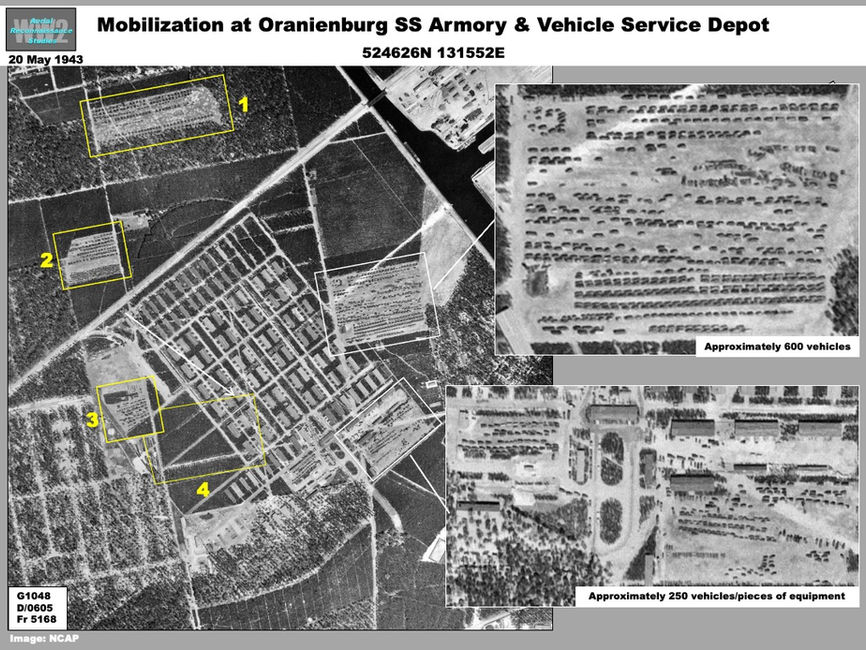 Aerial photo of mobilized vehicles at the Waldlager, the  SS Armory and Vehicle Office at Oranienburg, Germany