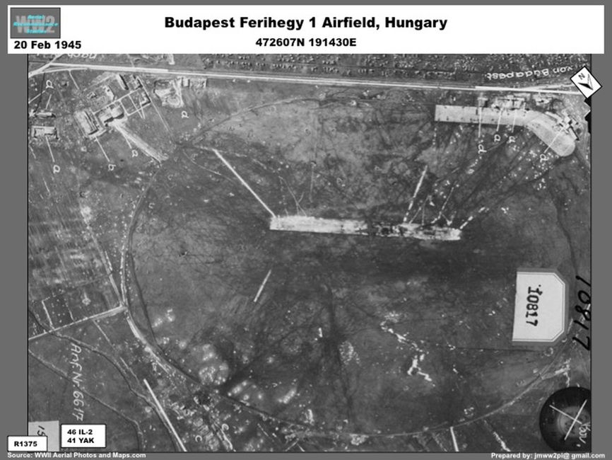 aerial photo of The Soviet aircraft at Budapest Ferihegy Airfield, Hungary February 1945