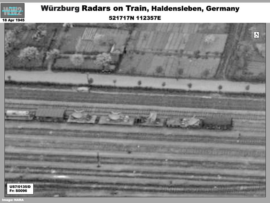 aerial photo of Würzburg Radars on a Train at Haldensleben, Germany on 18 April 1945