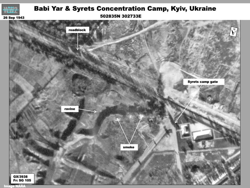 Aerial photo of Possible Cremation Fires at Babi Yar, Kyiv Ukraine, September 1943    