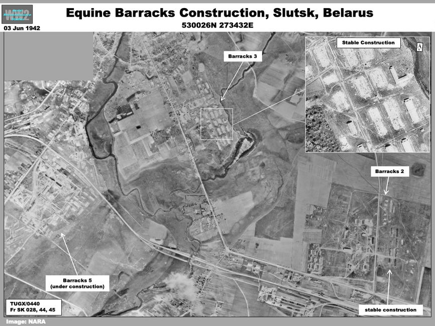 aerial photo of Wehrmacht Equine Support Barracks 2, 3 & 5  Under Construction at Slutsk, Belarus, June 1942.