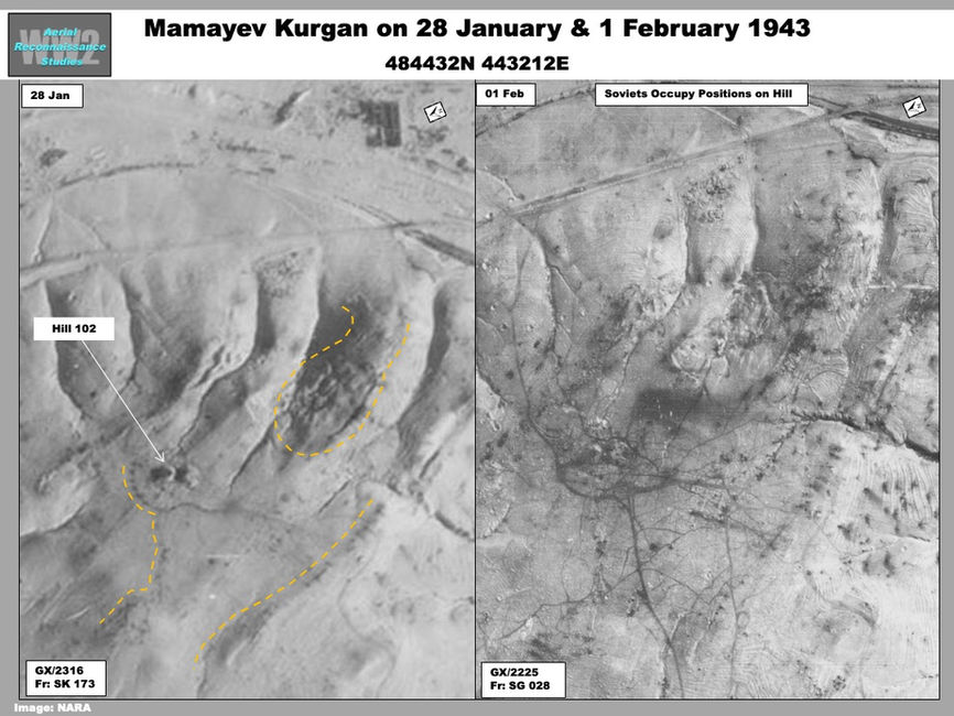 aerial photo showing  the  Path of Red Army Troops over Mamayev Kurgan on 1 February 1943