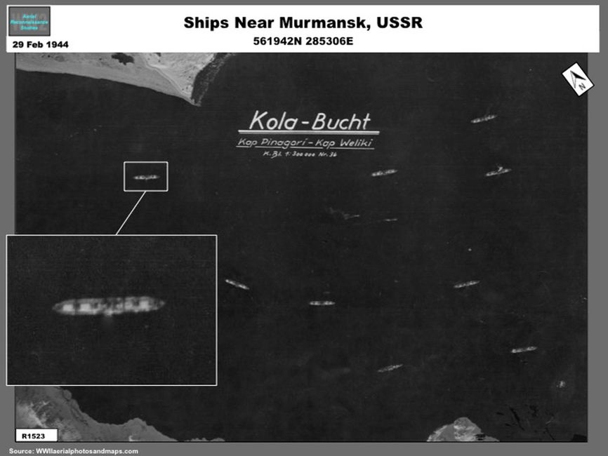 Aerial photo Ships at Murmansk, USSR, February 1944
