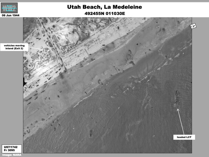 aerial photo of Utah Beach: American Vehicles Moving Off the Beach near La Madeline