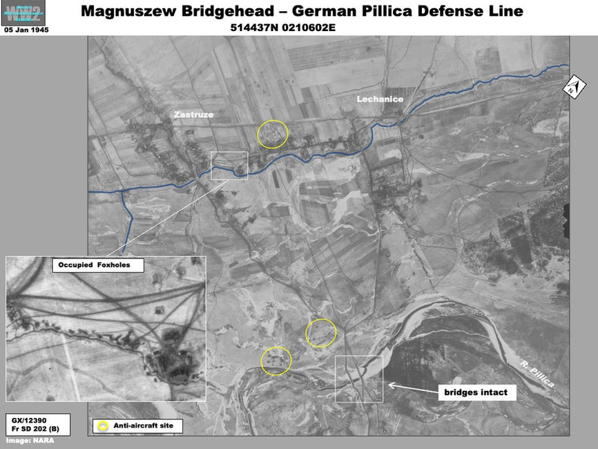 aerial photo of Wehrmacht defenses along Pillica River, Magnuszew Bridgehead