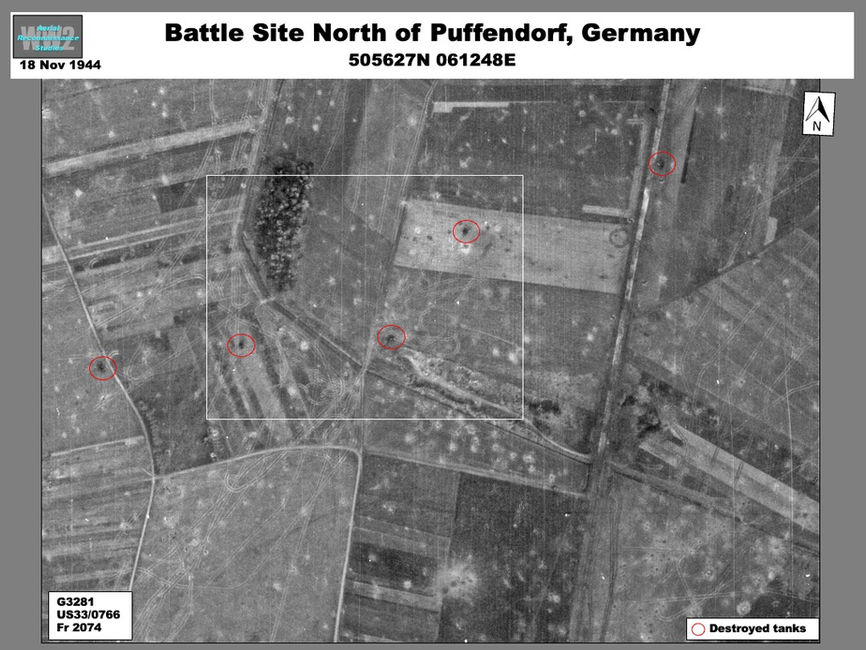 Aerial photo of U.S. Army Roer River Offensive: Destroyed American Tanks at Puffendorf  