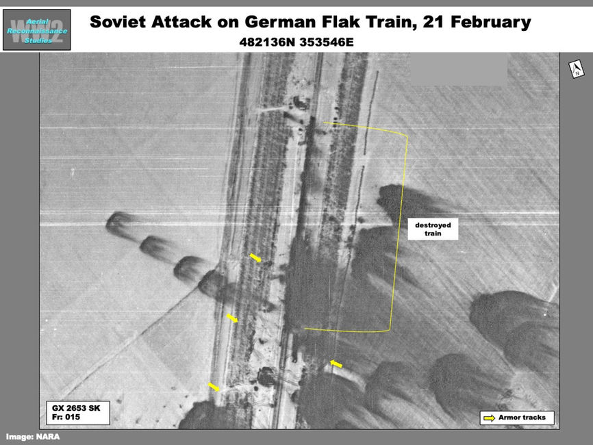 aerial photo of Soviet Attack on German Flak Train Near Slavgorod, Ukraine on 21 February 1943