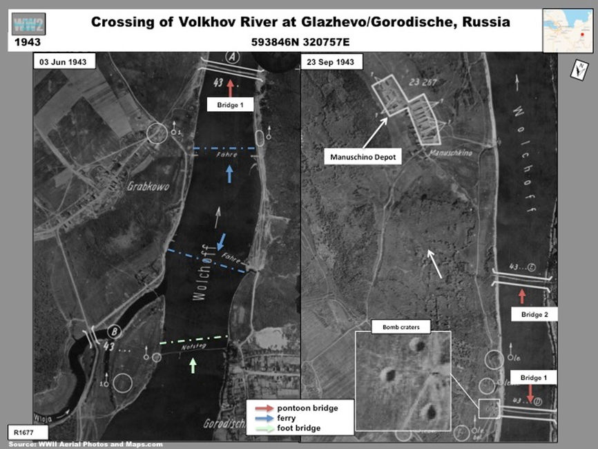 Aerial photo of  Soviet bridges across the Volkhov river  during Operation 