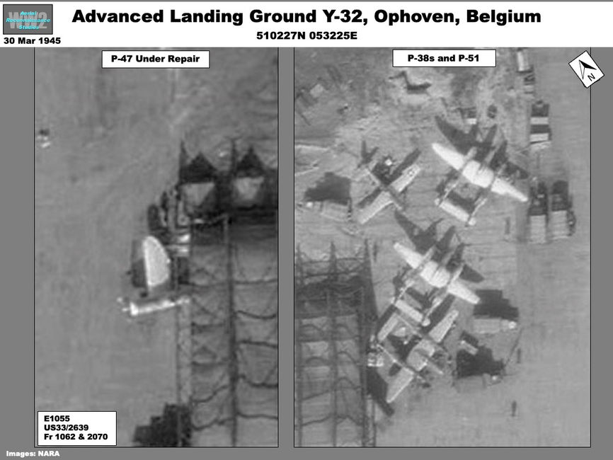 Aerial photo showing P-47 and P-38 aircraft under repair at  Ophoven  Airfield (Y-32), Belgium 