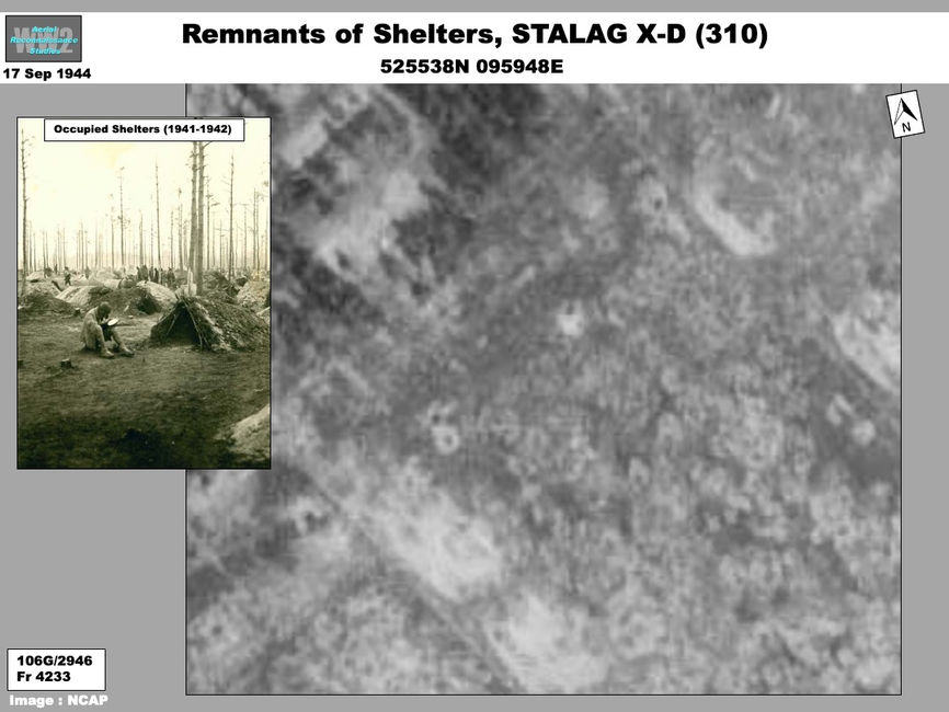aerial photo of Dugout Shelters for POW Camp STALAG X-D at Wietzendorf, Germany 