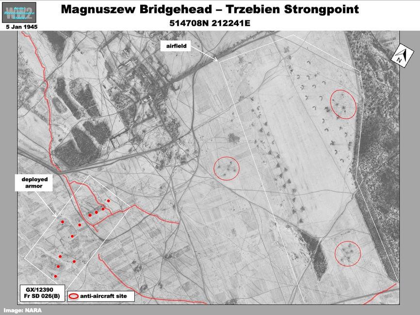 aerial photo of Soviet strong point and tanks around Trzebien airfield in the Magnuszew Bridgehead