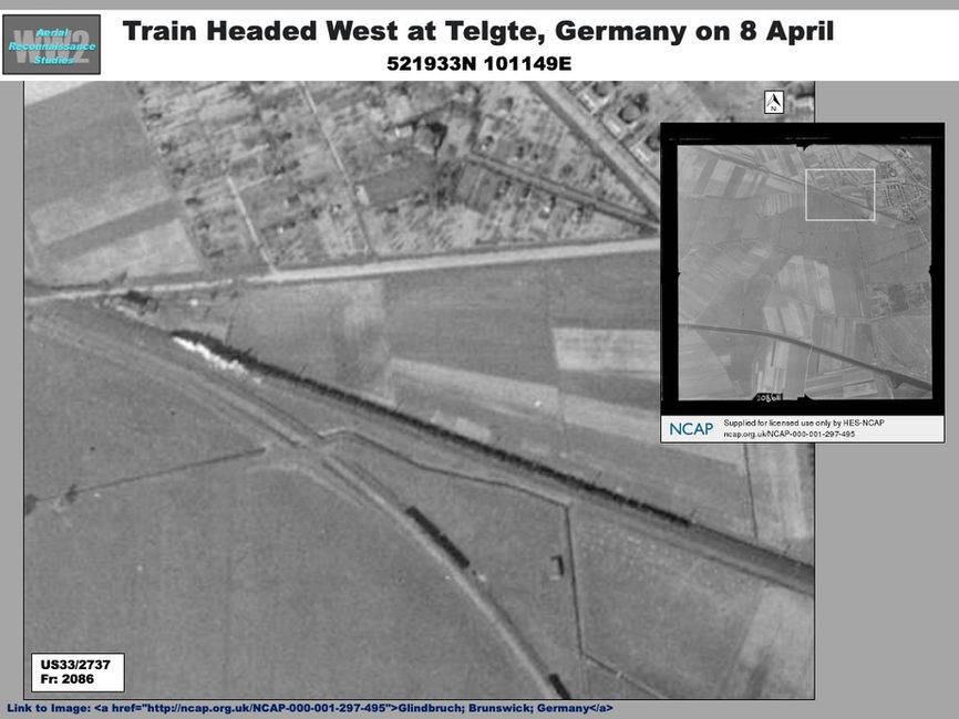 aerial photo of Train Headed West at Telgte, Germany, Not Far From Allied Lines