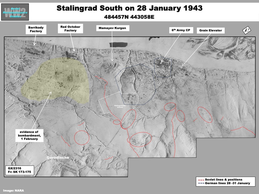 aerial photo of Soviet and German Positions in Southern Stalingrad on 28 January 1943