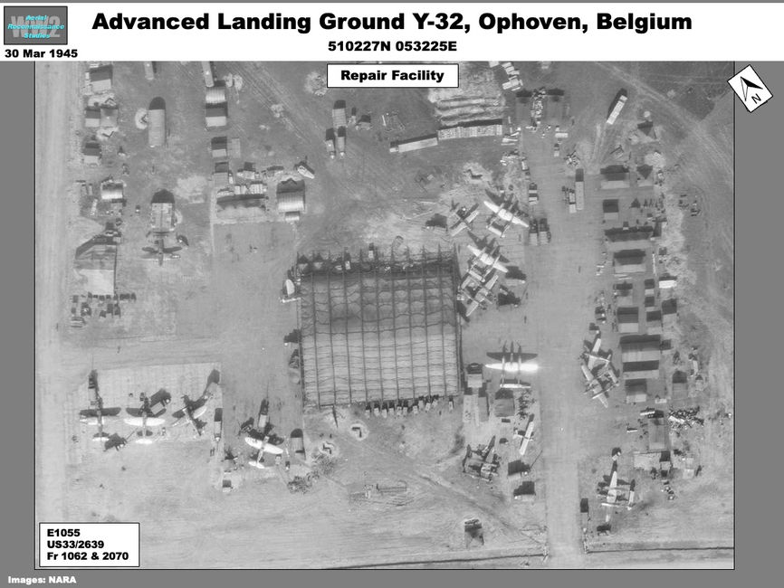 Aerial photo showing aircraft repair facility at  Ophoven  Airfield (Y-32), Belgium 