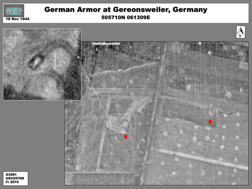 Aerial photo of U.S. Army Roer River Offensive: German Armor Deployed at Geronsweiler  