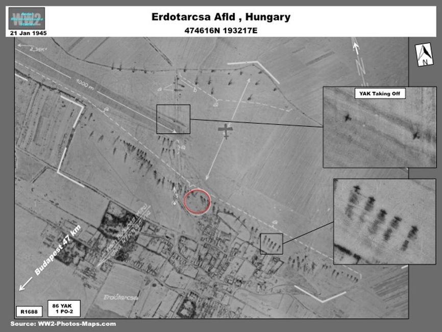 aerial photo of Soviet Aircraft  at Erdotarcsa Airfield, Hungary December 1944