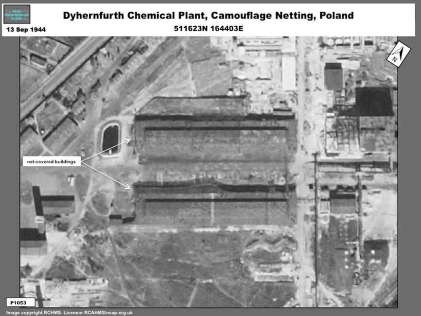 Aerial photo showing camouflaged buildings at the Dyhernfurth Chemical Weapons Plant  