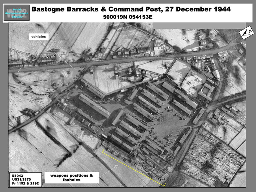 aerial photo of The Bastogne  barracks and command post on 27 December 1944