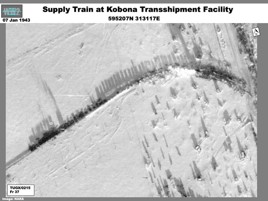 Aerial photo of Train at Kobona Transshipment Facility in January 1943  