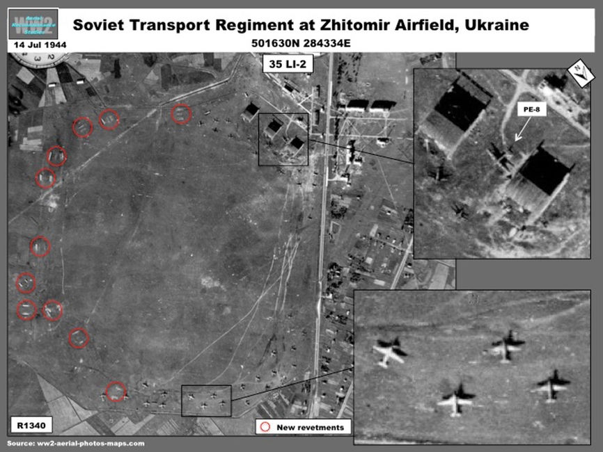 aerial photo of Soviet Li-2 Transport-Equipped Regiment at Zhitomor, Russia, June 1944